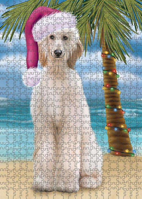 Summertime Happy Holidays Christmas Afghan Hound Dog on Tropical Island Beach Puzzle with Photo Tin PUZL85236