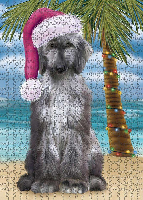 Summertime Happy Holidays Christmas Afghan Hound Dog on Tropical Island Beach Puzzle with Photo Tin PUZL85248
