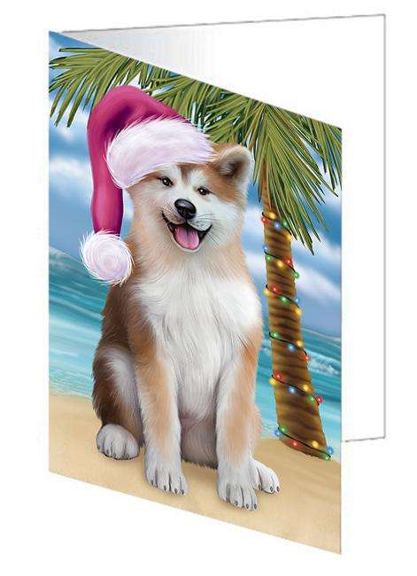 Summertime Happy Holidays Christmas Akita Dog on Tropical Island Beach Handmade Artwork Assorted Pets Greeting Cards and Note Cards with Envelopes for All Occasions and Holiday Seasons GCD67604