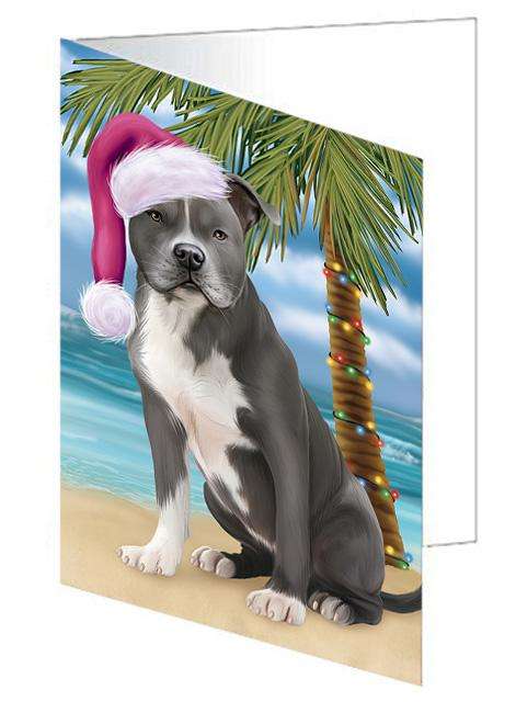 Summertime Happy Holidays Christmas American Staffordshire Terrier Dog on Tropical Island Beach Handmade Artwork Assorted Pets Greeting Cards and Note Cards with Envelopes for All Occasions and Holiday Seasons GCD67607