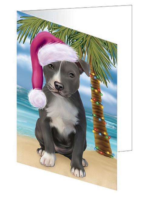 Summertime Happy Holidays Christmas American Staffordshire Terrier Dog on Tropical Island Beach Handmade Artwork Assorted Pets Greeting Cards and Note Cards with Envelopes for All Occasions and Holiday Seasons GCD67616