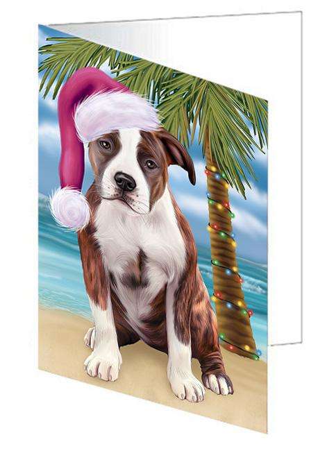Summertime Happy Holidays Christmas American Staffordshire Terrier Dog on Tropical Island Beach Handmade Artwork Assorted Pets Greeting Cards and Note Cards with Envelopes for All Occasions and Holiday Seasons GCD67619
