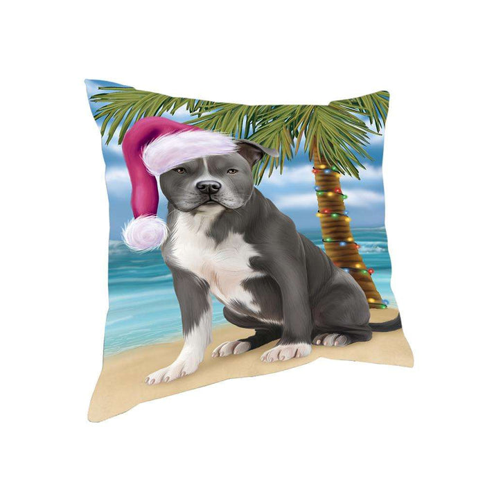 Summertime Happy Holidays Christmas American Staffordshire Terrier Dog on Tropical Island Beach Pillow PIL74728