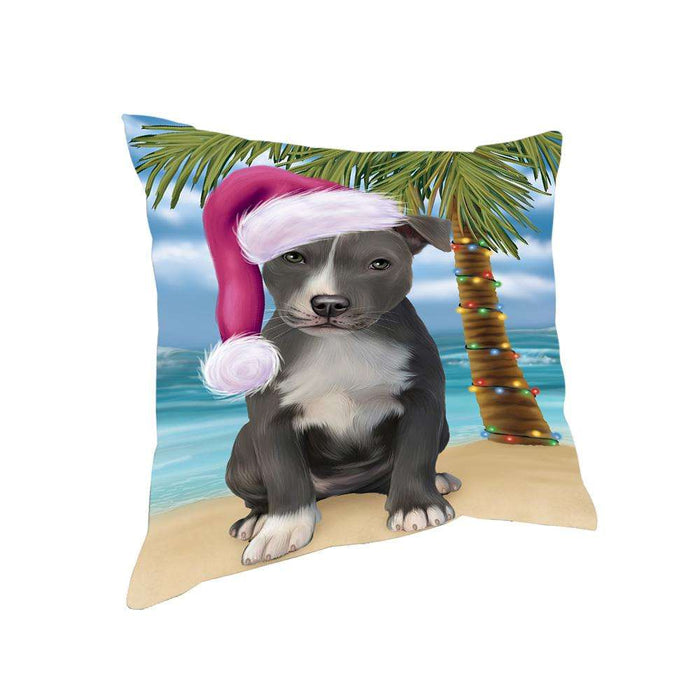 Summertime Happy Holidays Christmas American Staffordshire Terrier Dog on Tropical Island Beach Pillow PIL74740