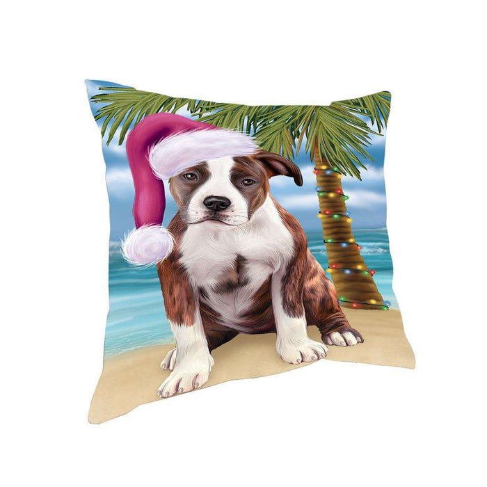 Summertime Happy Holidays Christmas American Staffordshire Terrier Dog on Tropical Island Beach Pillow PIL74744