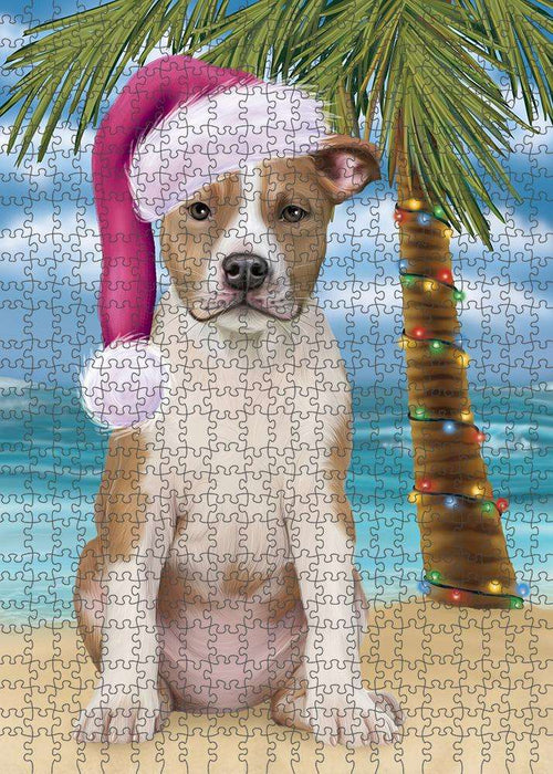 Summertime Happy Holidays Christmas American Staffordshire Terrier Dog on Tropical Island Beach Puzzle with Photo Tin PUZL85268