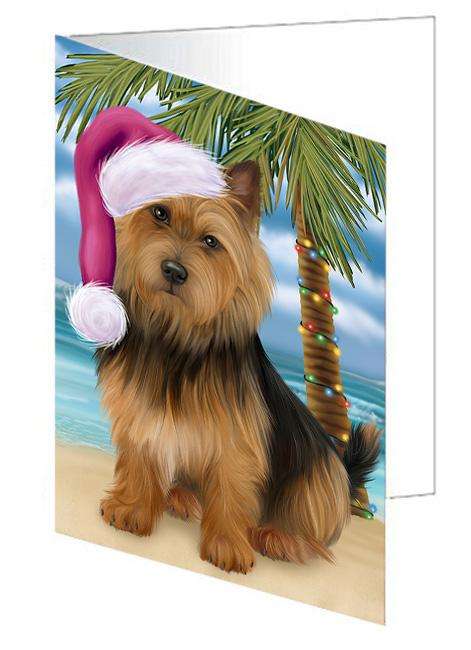 Summertime Happy Holidays Christmas Australian Terrier Dog on Tropical Island Beach Handmade Artwork Assorted Pets Greeting Cards and Note Cards with Envelopes for All Occasions and Holiday Seasons GCD67622