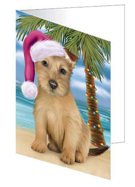 Summertime Happy Holidays Christmas Australian Terrier Dog on Tropical Island Beach Handmade Artwork Assorted Pets Greeting Cards and Note Cards with Envelopes for All Occasions and Holiday Seasons GCD67625