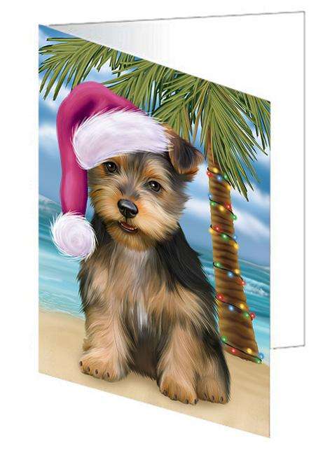 Summertime Happy Holidays Christmas Australian Terrier Dog on Tropical Island Beach Handmade Artwork Assorted Pets Greeting Cards and Note Cards with Envelopes for All Occasions and Holiday Seasons GCD67628