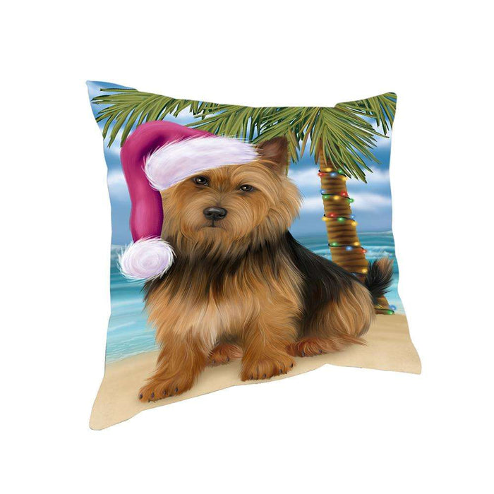 Summertime Happy Holidays Christmas Australian Terrier Dog on Tropical Island Beach Pillow PIL74748