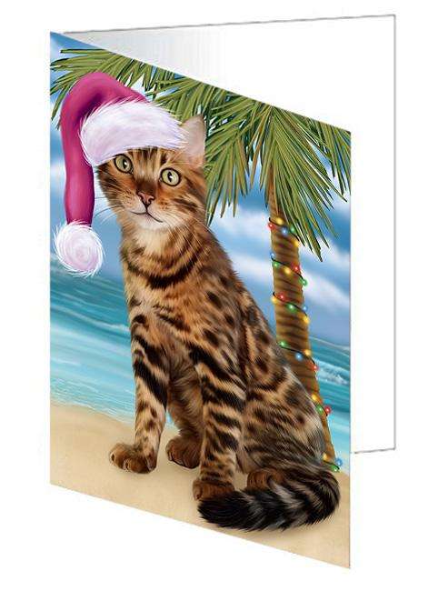 Summertime Happy Holidays Christmas Bengal Cat on Tropical Island Beach Handmade Artwork Assorted Pets Greeting Cards and Note Cards with Envelopes for All Occasions and Holiday Seasons GCD67631