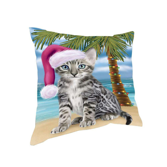 Summertime Happy Holidays Christmas Bengal Cat on Tropical Island Beach Pillow PIL74768