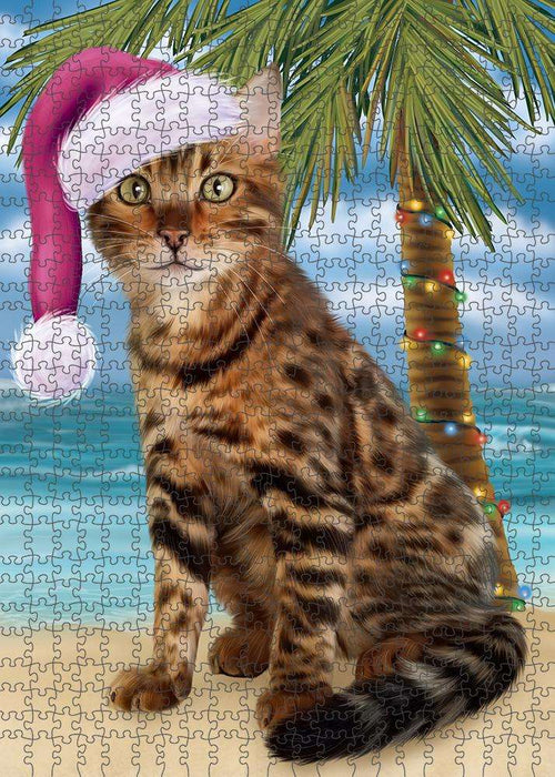 Summertime Happy Holidays Christmas Bengal Cat on Tropical Island Beach Puzzle with Photo Tin PUZL85292