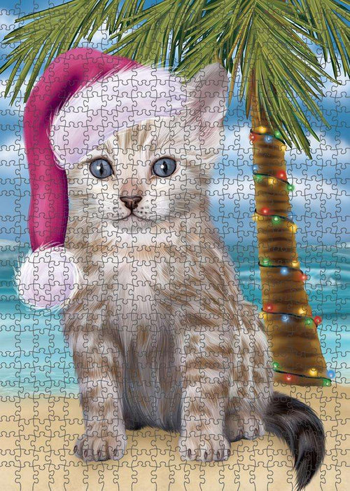 Summertime Happy Holidays Christmas Bengal Cat on Tropical Island Beach Puzzle with Photo Tin PUZL85304