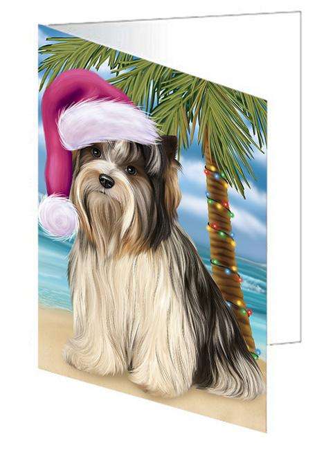 Summertime Happy Holidays Christmas Biewer Terrier Dog on Tropical Island Beach Handmade Artwork Assorted Pets Greeting Cards and Note Cards with Envelopes for All Occasions and Holiday Seasons GCD67643