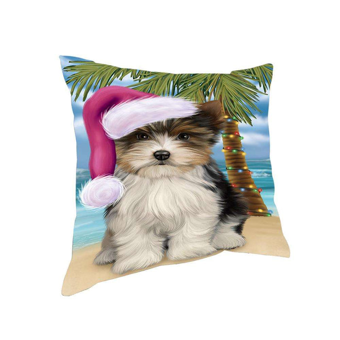Summertime Happy Holidays Christmas Biewer Terrier Dog on Tropical Island Beach Pillow PIL74780