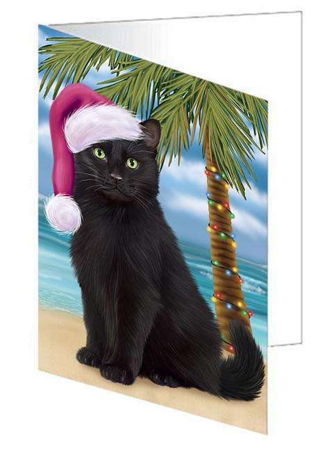 Summertime Happy Holidays Christmas Black Cat on Tropical Island Beach Handmade Artwork Assorted Pets Greeting Cards and Note Cards with Envelopes for All Occasions and Holiday Seasons GCD67649