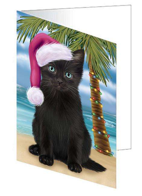 Summertime Happy Holidays Christmas Black Cat on Tropical Island Beach Handmade Artwork Assorted Pets Greeting Cards and Note Cards with Envelopes for All Occasions and Holiday Seasons GCD67652