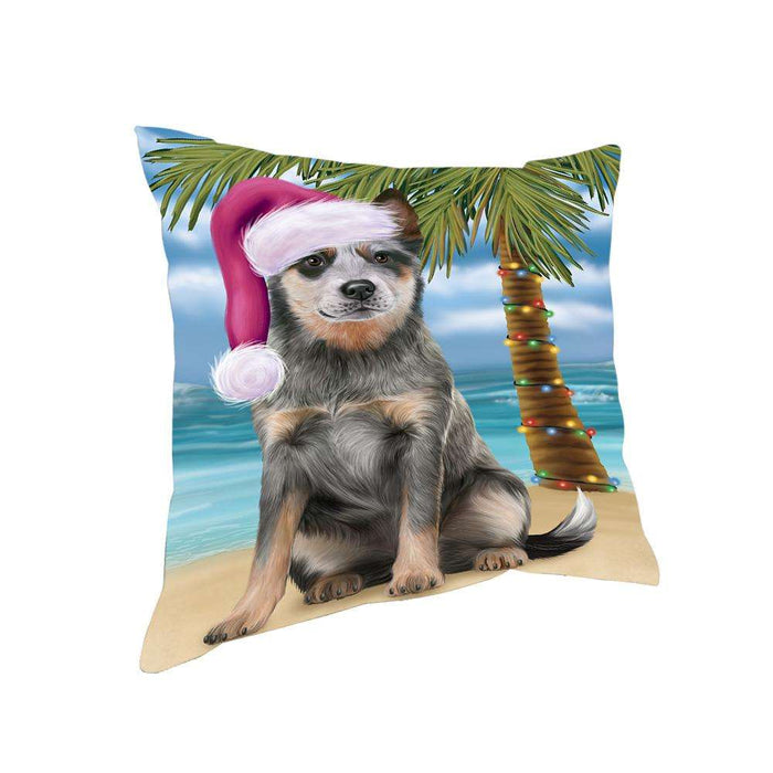 Summertime Happy Holidays Christmas Blue Heeler Dog on Tropical Island Beach Pillow PIL74792