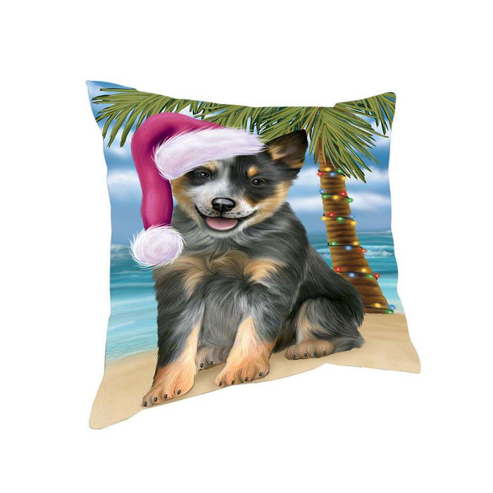 Summertime Happy Holidays Christmas Blue Heeler Dog on Tropical Island Beach Pillow PIL74804