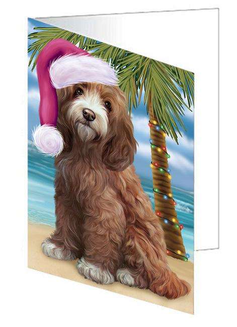 Summertime Happy Holidays Christmas Cockapoo Dog on Tropical Island Beach Handmade Artwork Assorted Pets Greeting Cards and Note Cards with Envelopes for All Occasions and Holiday Seasons GCD67667