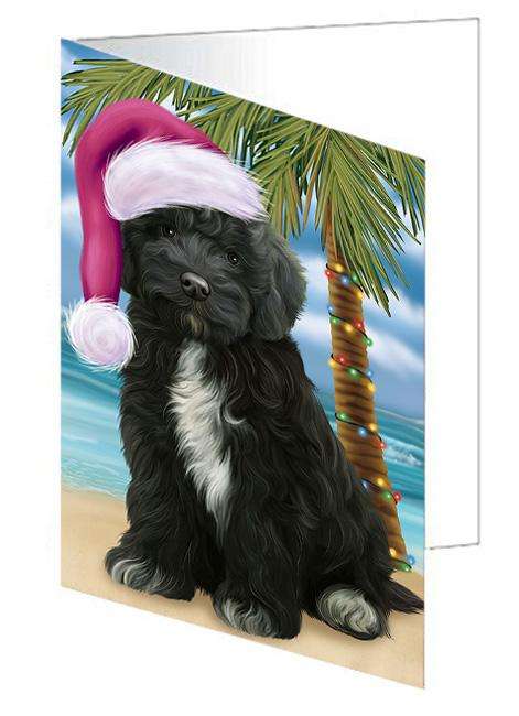 Summertime Happy Holidays Christmas Cockapoo Dog on Tropical Island Beach Handmade Artwork Assorted Pets Greeting Cards and Note Cards with Envelopes for All Occasions and Holiday Seasons GCD67670