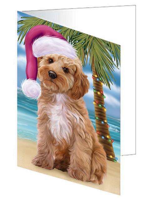 Summertime Happy Holidays Christmas Cockapoo Dog on Tropical Island Beach Handmade Artwork Assorted Pets Greeting Cards and Note Cards with Envelopes for All Occasions and Holiday Seasons GCD67673