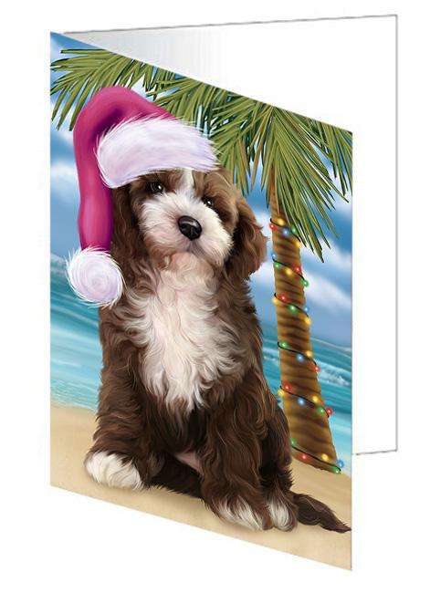 Summertime Happy Holidays Christmas Cockapoo Dog on Tropical Island Beach Handmade Artwork Assorted Pets Greeting Cards and Note Cards with Envelopes for All Occasions and Holiday Seasons GCD67676
