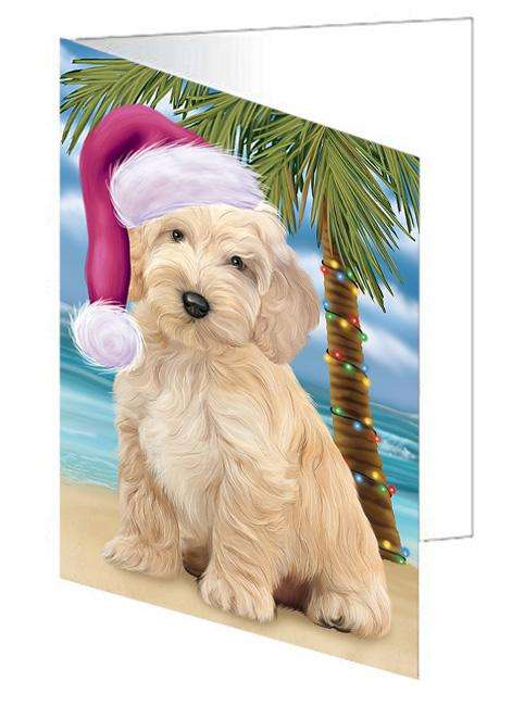Summertime Happy Holidays Christmas Cockapoo Dog on Tropical Island Beach Handmade Artwork Assorted Pets Greeting Cards and Note Cards with Envelopes for All Occasions and Holiday Seasons GCD67679
