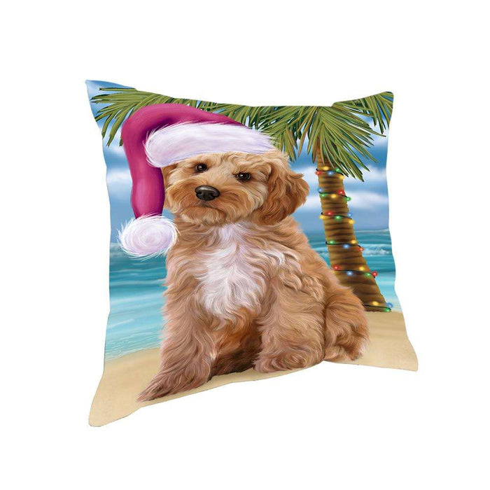 Summertime Happy Holidays Christmas Cockapoo Dog on Tropical Island Beach Pillow PIL74816