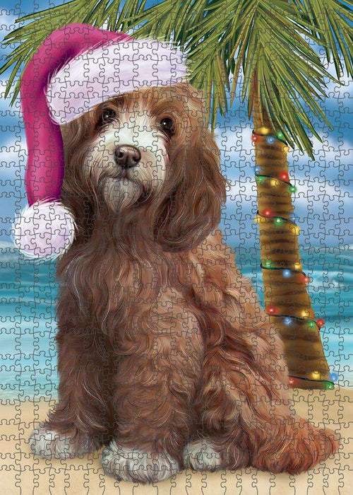 Summertime Happy Holidays Christmas Cockapoo Dog on Tropical Island Beach Puzzle with Photo Tin PUZL85340