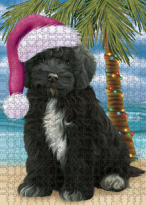 Summertime Happy Holidays Christmas Cockapoo Dog on Tropical Island Beach Puzzle with Photo Tin PUZL85344