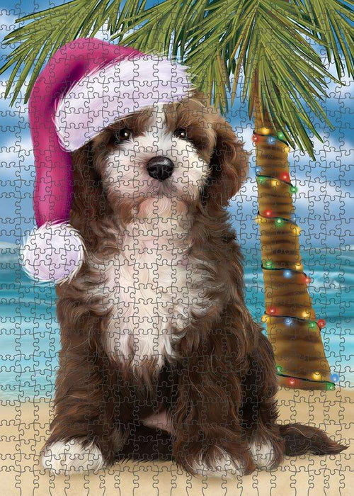 Summertime Happy Holidays Christmas Cockapoo Dog on Tropical Island Beach Puzzle with Photo Tin PUZL85352