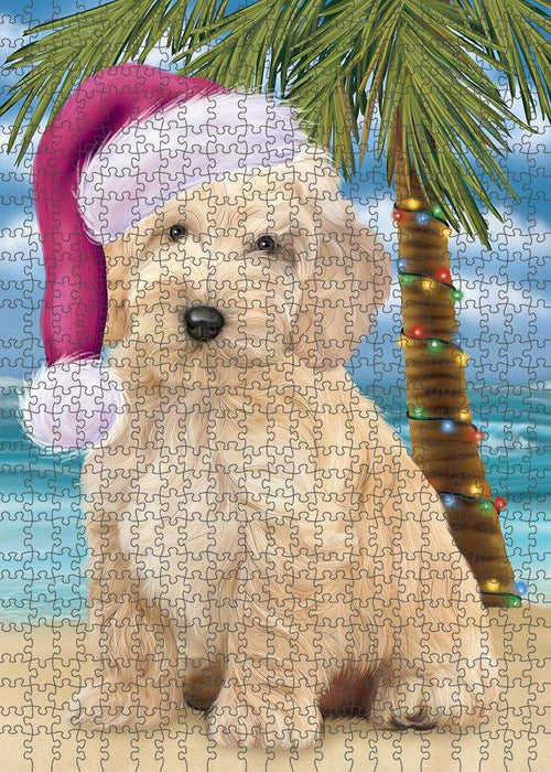 Summertime Happy Holidays Christmas Cockapoo Dog on Tropical Island Beach Puzzle with Photo Tin PUZL85356