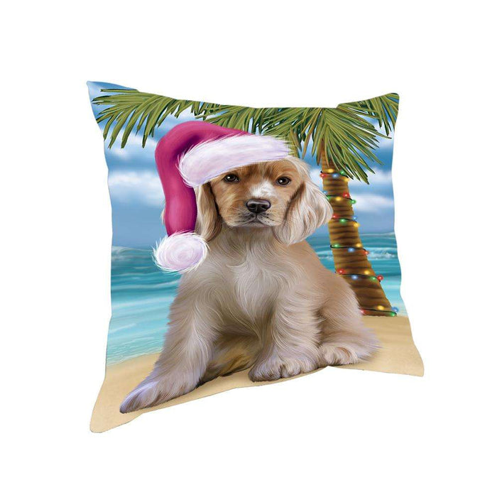 Summertime Happy Holidays Christmas Cocker Spaniel Dog on Tropical Island Beach Pillow PIL74836