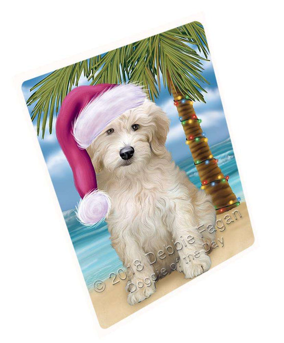 Summertime Happy Holidays Christmas Goldendoodle Dog on Tropical Island Beach Blanket BLNKT108363