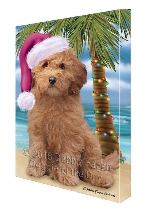 Summertime Happy Holidays Christmas Goldendoodle Dog on Tropical Island Beach Canvas Print Wall Art Décor CVS108881