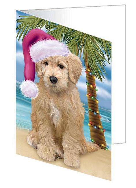 Summertime Happy Holidays Christmas Goldendoodle Dog on Tropical Island Beach Handmade Artwork Assorted Pets Greeting Cards and Note Cards with Envelopes for All Occasions and Holiday Seasons GCD67700