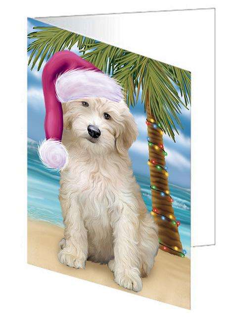 Summertime Happy Holidays Christmas Goldendoodle Dog on Tropical Island Beach Handmade Artwork Assorted Pets Greeting Cards and Note Cards with Envelopes for All Occasions and Holiday Seasons GCD67703