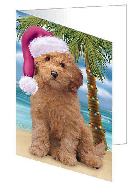 Summertime Happy Holidays Christmas Goldendoodle Dog on Tropical Island Beach Handmade Artwork Assorted Pets Greeting Cards and Note Cards with Envelopes for All Occasions and Holiday Seasons GCD67706