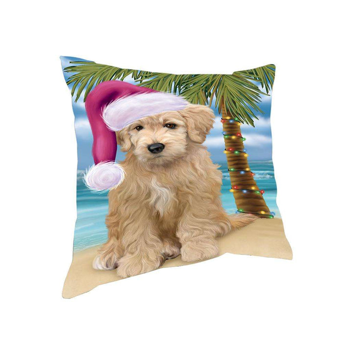 Summertime Happy Holidays Christmas Goldendoodle Dog on Tropical Island Beach Pillow PIL74852