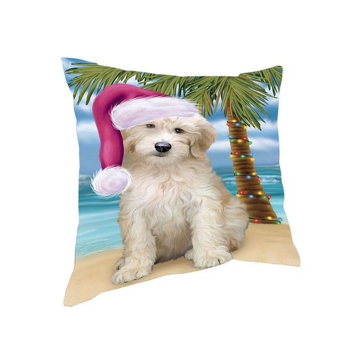 Summertime Happy Holidays Christmas Goldendoodle Dog on Tropical Island Beach Pillow PIL74856
