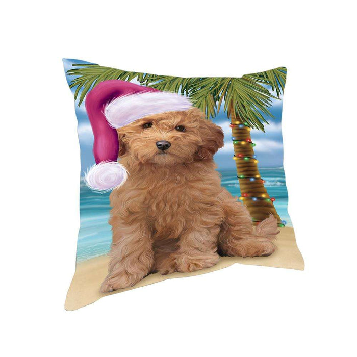 Summertime Happy Holidays Christmas Goldendoodle Dog on Tropical Island Beach Pillow PIL74860