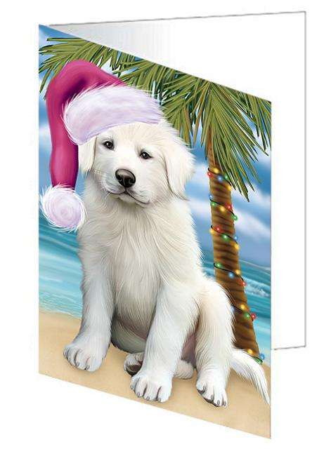 Summertime Happy Holidays Christmas Great Pyrenee Dog on Tropical Island Beach Handmade Artwork Assorted Pets Greeting Cards and Note Cards with Envelopes for All Occasions and Holiday Seasons GCD67712