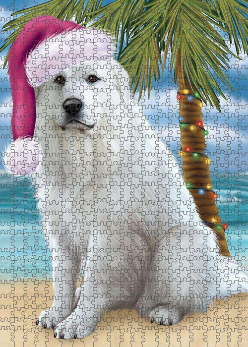 Summertime Happy Holidays Christmas Great Pyrenee Dog on Tropical Island Beach Puzzle with Photo Tin PUZL85396