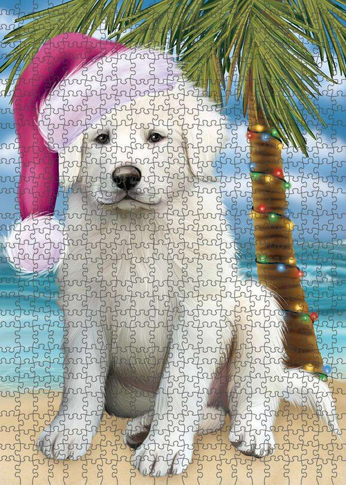 Summertime Happy Holidays Christmas Great Pyrenee Dog on Tropical Island Beach Puzzle with Photo Tin PUZL85400