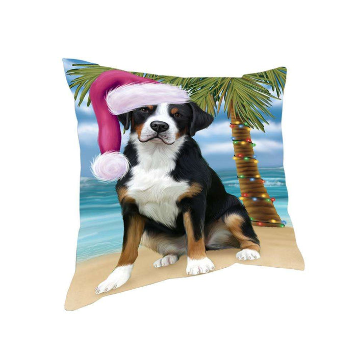 Summertime Happy Holidays Christmas Greater Swiss Mountain Dog on Tropical Island Beach Pillow PIL74872