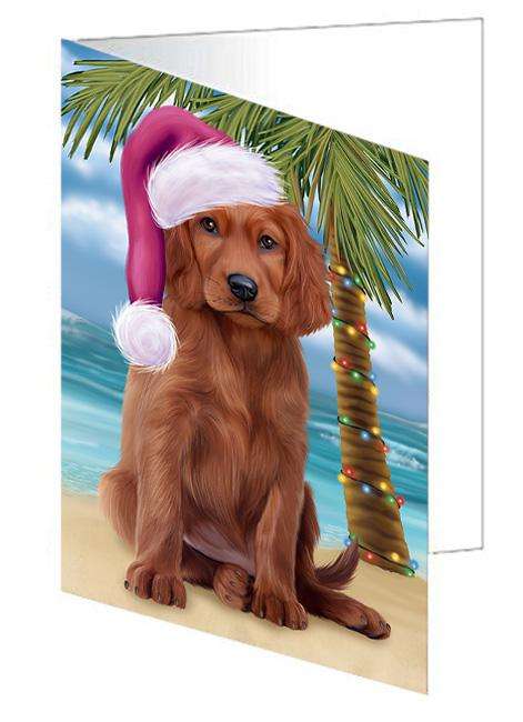 Summertime Happy Holidays Christmas Irish Setter Dog on Tropical Island Beach Handmade Artwork Assorted Pets Greeting Cards and Note Cards with Envelopes for All Occasions and Holiday Seasons GCD67724