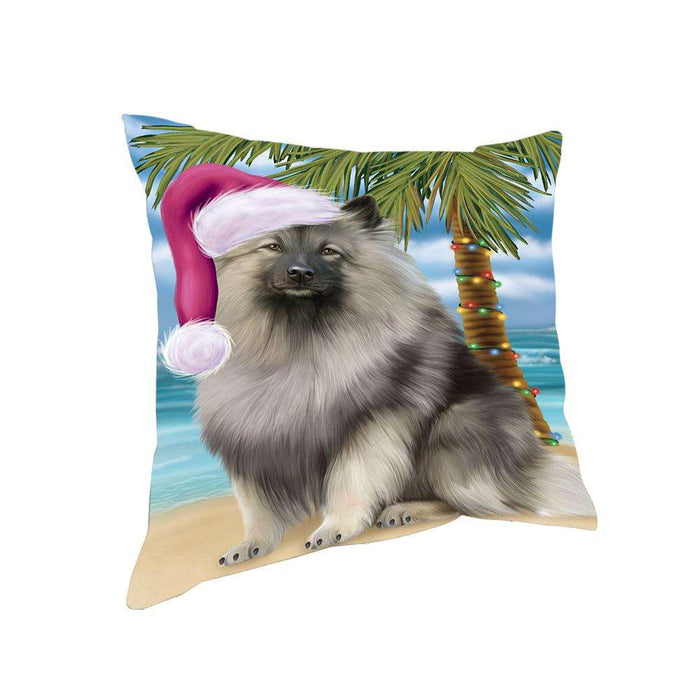 Summertime Happy Holidays Christmas Keeshond Dog on Tropical Island Beach Pillow PIL74888