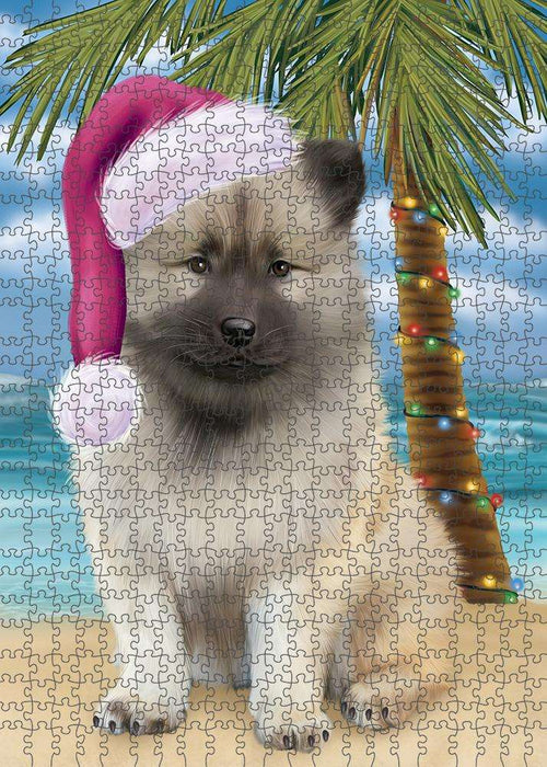 Summertime Happy Holidays Christmas Keeshond Dog on Tropical Island Beach Puzzle with Photo Tin PUZL85424